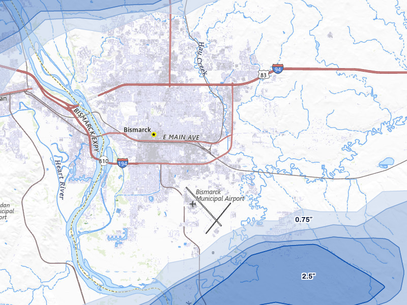 NEXRAD radar-signature map of the hail storm over Bismarck, ND on Aug 11, 2026