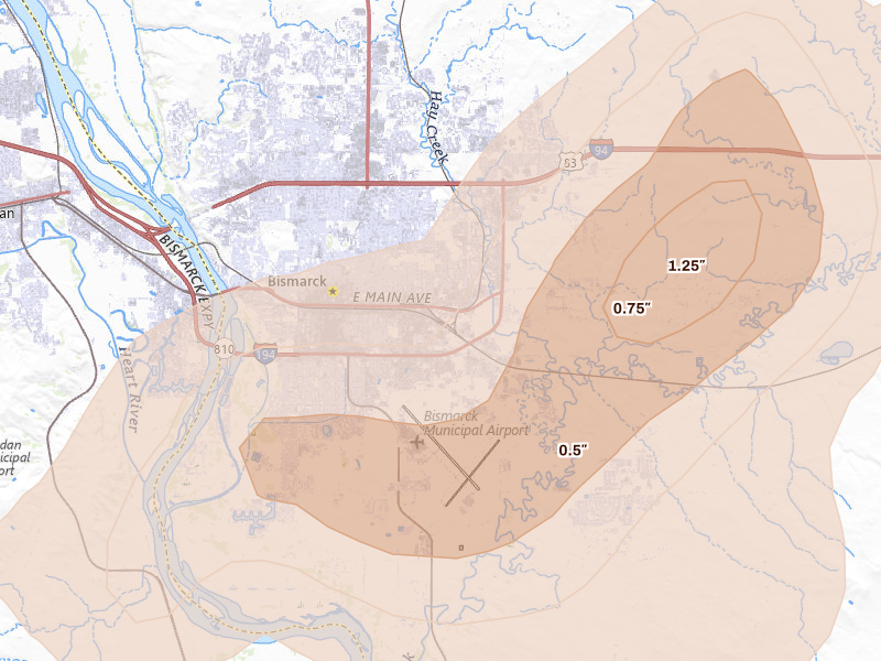 Radar-estimated hail-size map of the storm over Bismarck, ND