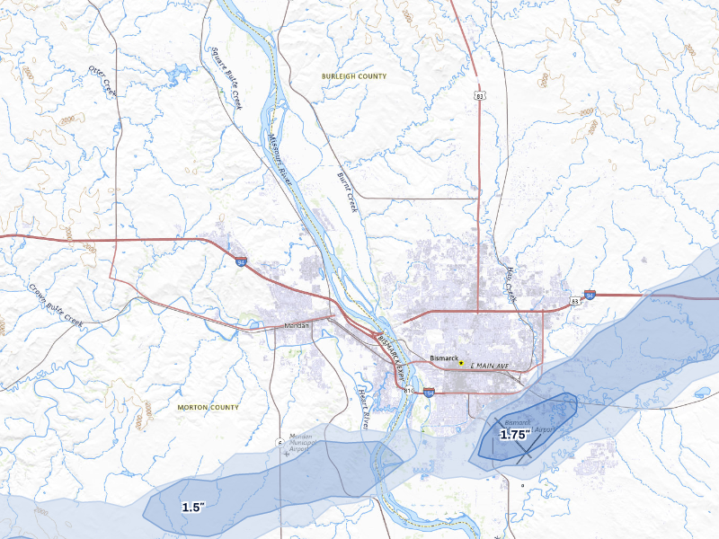NEXRAD radar-signature map of the hail storm over Bismarck, ND on Sep 6, 2026
