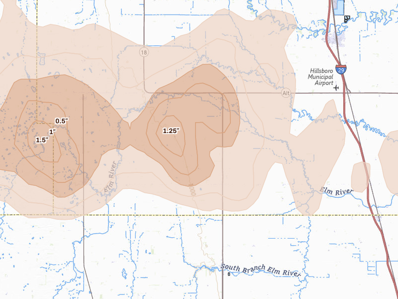 Radar-estimated hail-size map of the storm over Blanchard, ND on Sep 3, 2026