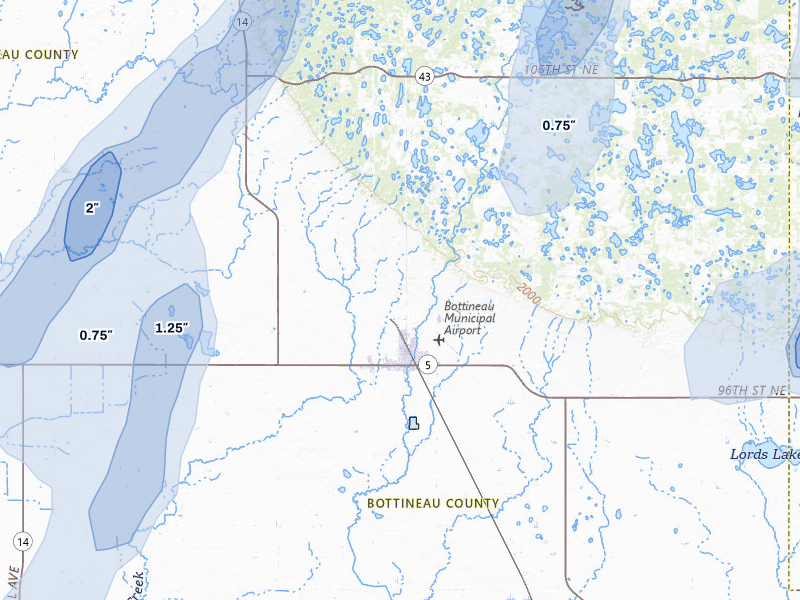 NEXRAD radar-signature map of the hail over Bottineau, ND