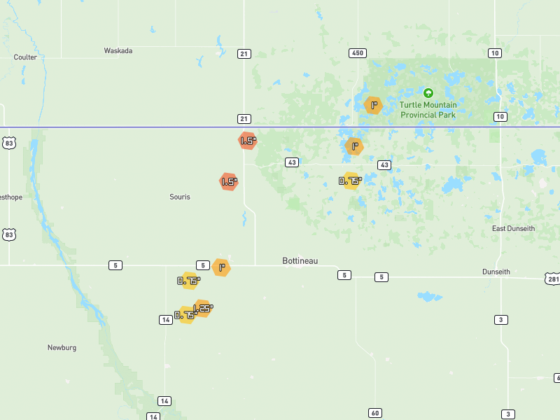 Hail map of Bottineau, ND on Jun 2, 2026, hail up to 1.5"