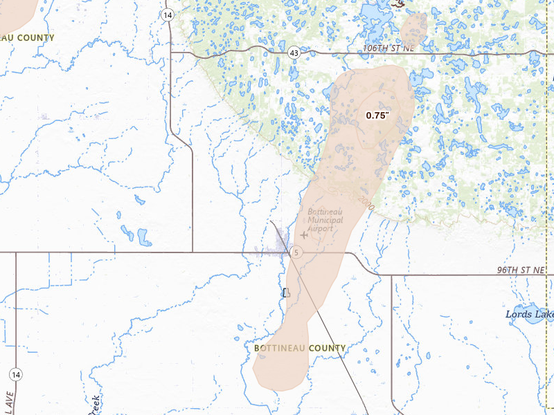 Radar-estimated hail-size map of the storm over Bottineau, ND on Jun 6, 2026