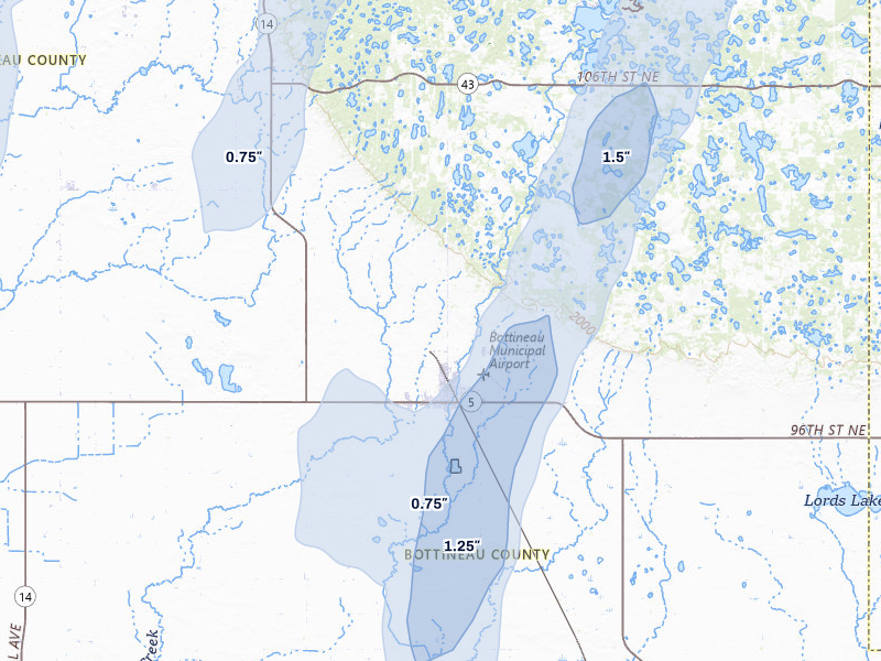 NEXRAD radar-signature map of the hail storm over Bottineau, ND on Jun 6, 2026