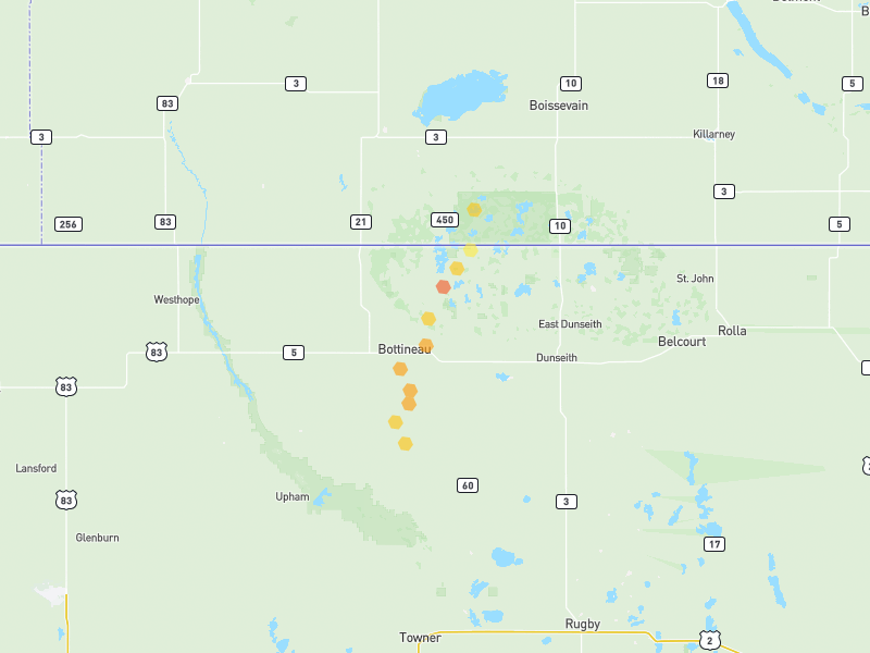 Hail map of Bottineau, ND on Jun 7, 2026, hail up to 1.5"