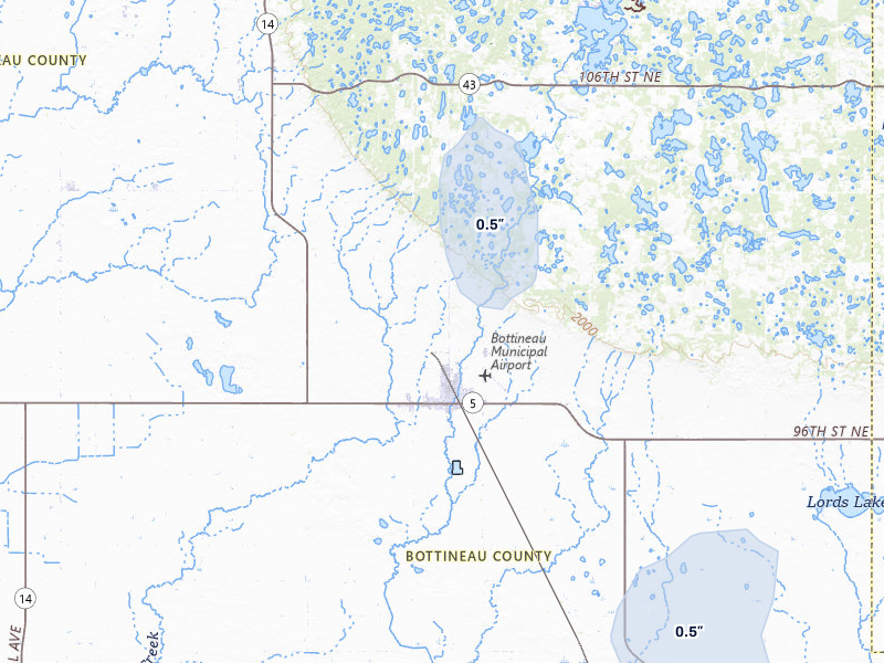 NEXRAD radar-signature map of the hail storm over Bottineau, ND on Jun 27, 2026