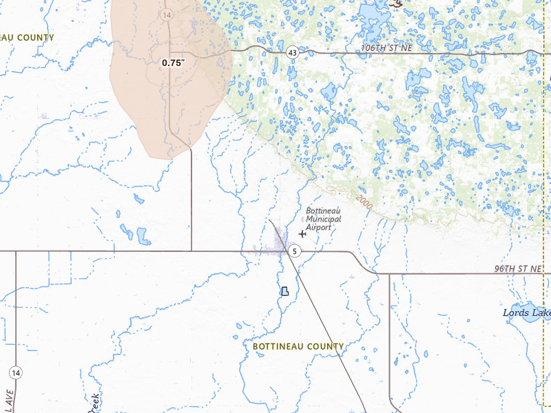 Radar-estimated hail-size map of the storm over Bottineau, ND on Jun 29, 2026
