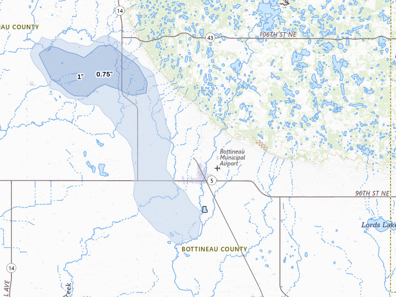 NEXRAD radar-signature map of the hail storm over Bottineau, ND on Jun 29, 2026