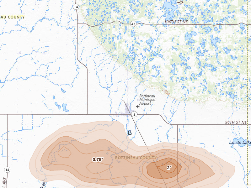 Radar-estimated hail-size map of the storm over Bottineau, ND on Jul 14, 2026