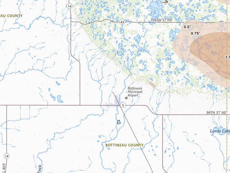 Radar-estimated hail-size map of the storm over Bottineau, ND on Jul 16, 2026