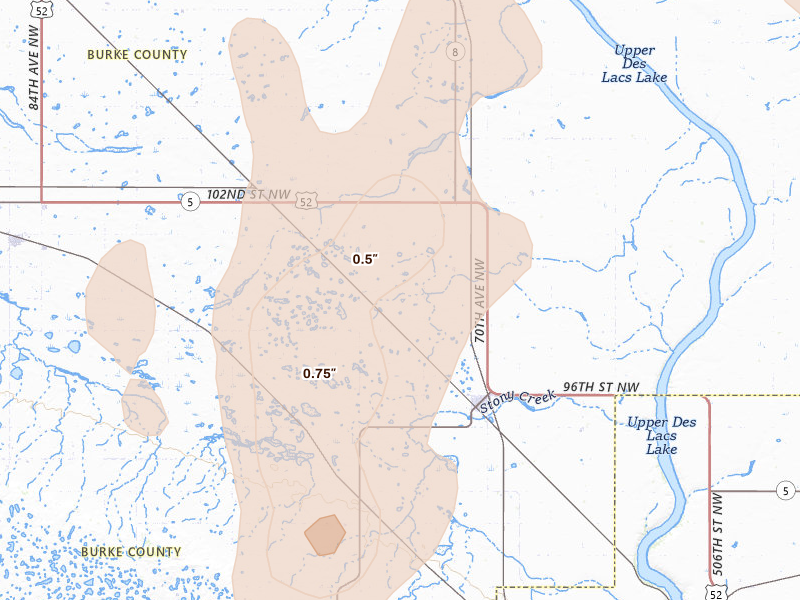 Radar-estimated hail-size map of the storm over Bowbells, ND on Jun 7, 2026
