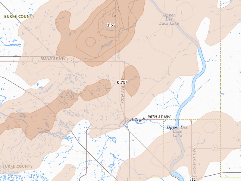 Radar-estimated hail-size map of the storm over Bowbells, ND