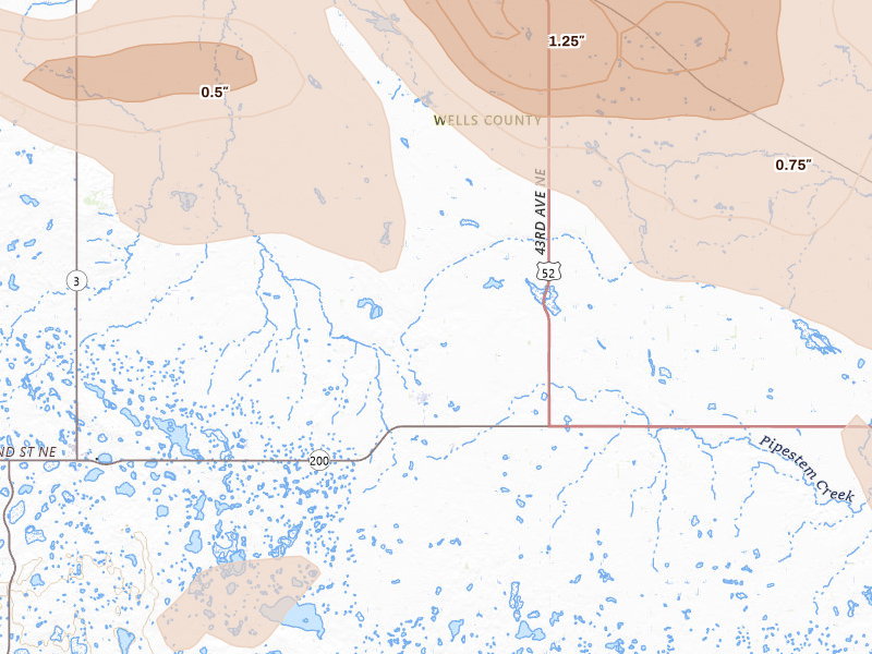 Radar-estimated hail-size map of the storm over Bowdon, ND on Jul 9, 2026