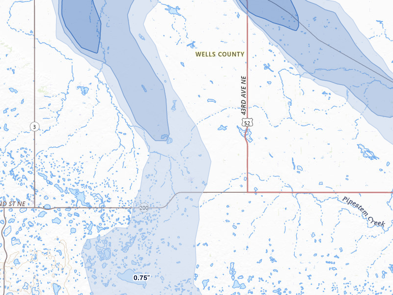 NEXRAD radar-signature map of the hail storm over Bowdon, ND on Jul 9, 2026