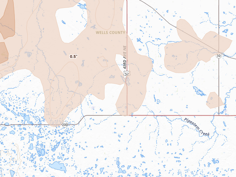 Radar-estimated hail-size map of the storm over Bowdon, ND on Sep 3, 2026