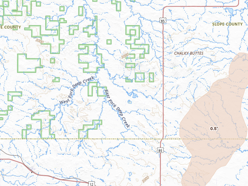Radar-estimated hail-size map of the storm over Bowman, ND on Jun 7, 2026