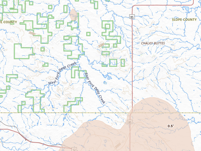 Radar-estimated hail-size map of the storm over Bowman, ND on Jun 27, 2026
