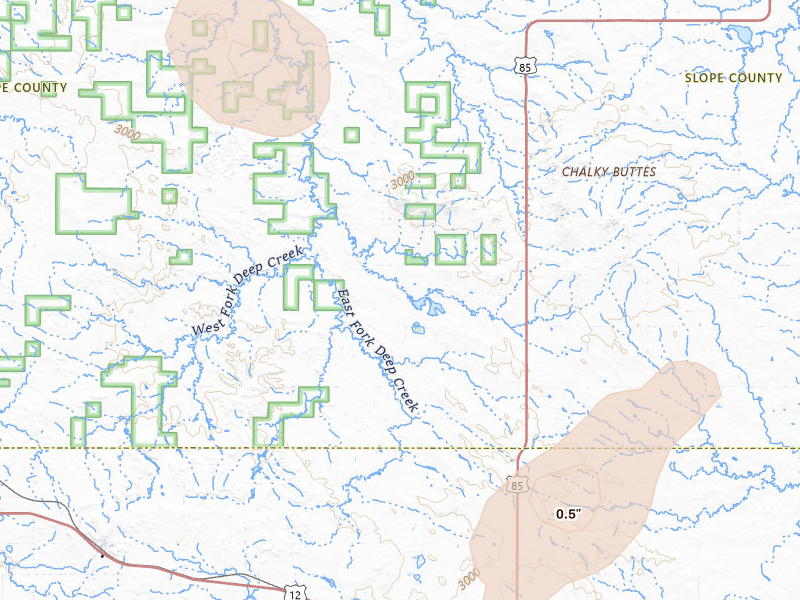 Radar-estimated hail-size map of the storm over Bowman, ND on Jul 2, 2026