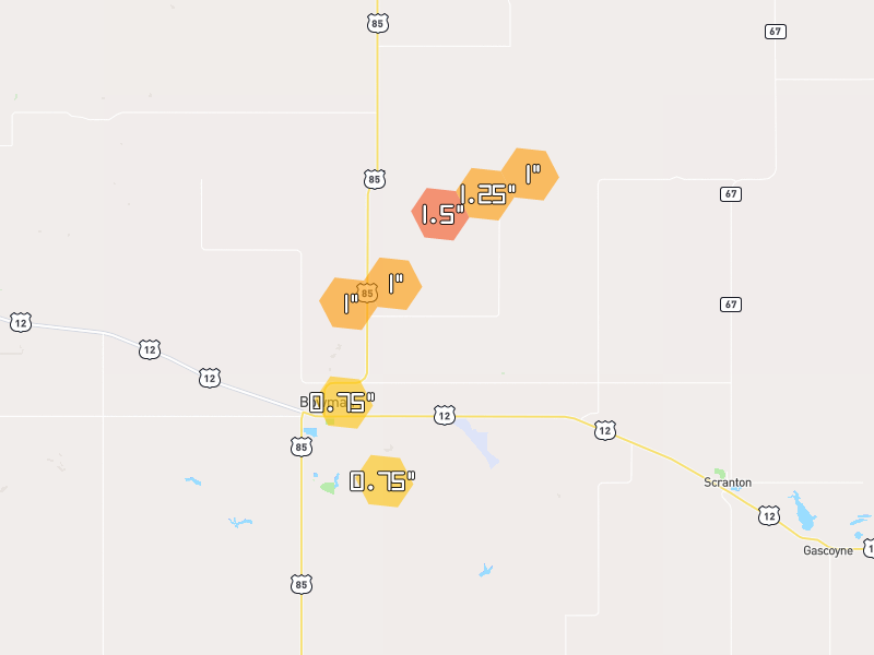 Hail map of Bowman, ND on Jul 3, 2026, hail up to 1.5"