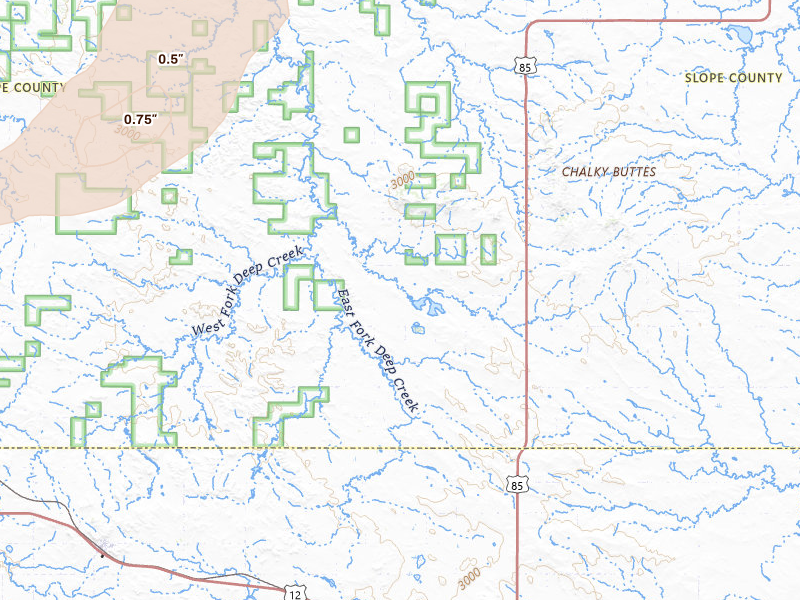 Radar-estimated hail-size map of the storm over Bowman, ND on Jul 5, 2026