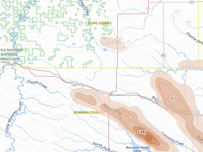 Radar-estimated hail-size map of the storm over Bowman, ND on Aug 10, 2026