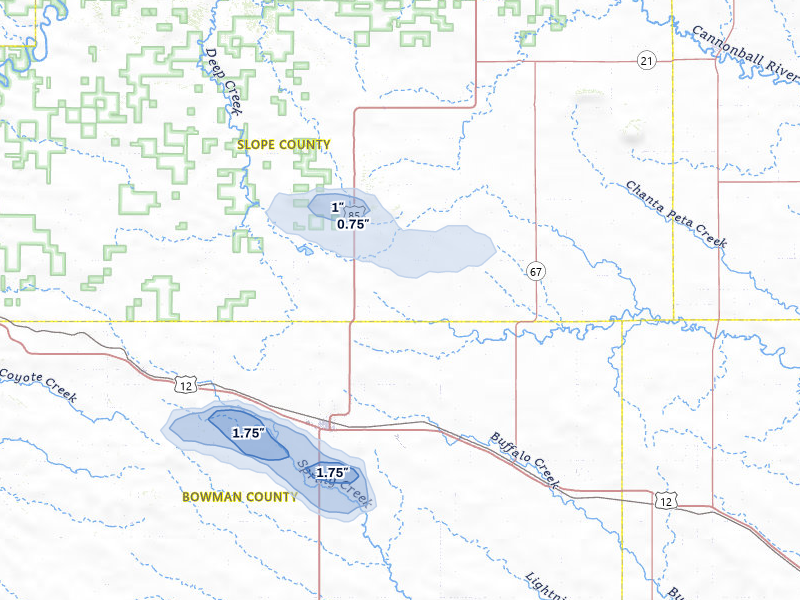 NEXRAD radar-signature map of the hail storm over Bowman, ND on Aug 10, 2026