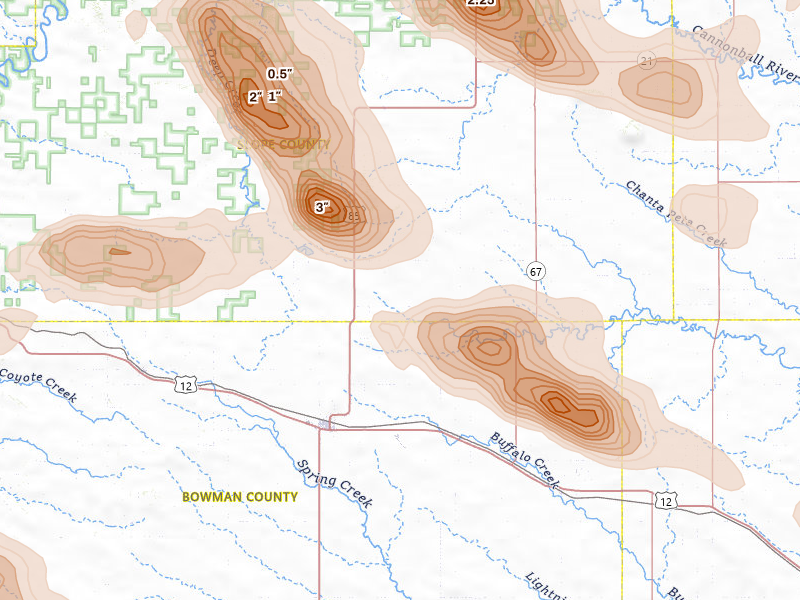 Radar-estimated hail-size map of the storm over Bowman, ND on Aug 11, 2026