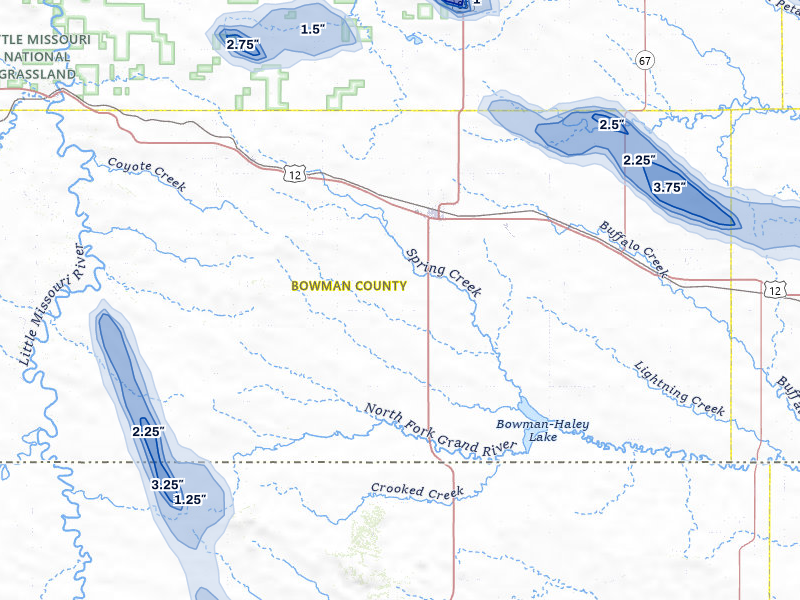 NEXRAD radar-signature map of the hail storm over Bowman, ND on Aug 11, 2026