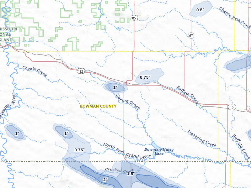 NEXRAD radar-signature map of the hail storm over Bowman, ND on Aug 17, 2026