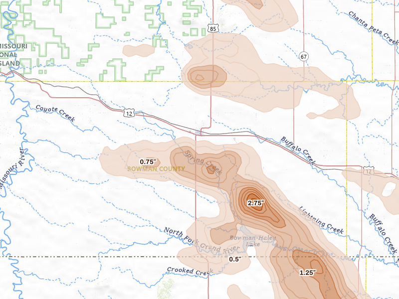 Radar-estimated hail-size map of the storm over Bowman, ND on Aug 23, 2026