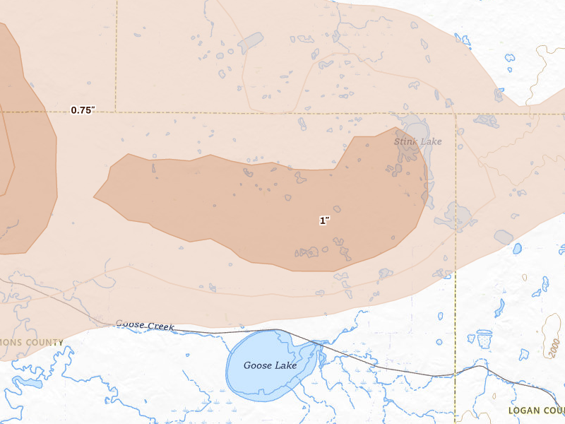 Radar-estimated hail-size map of the storm over Braddock, ND on Jul 9, 2026