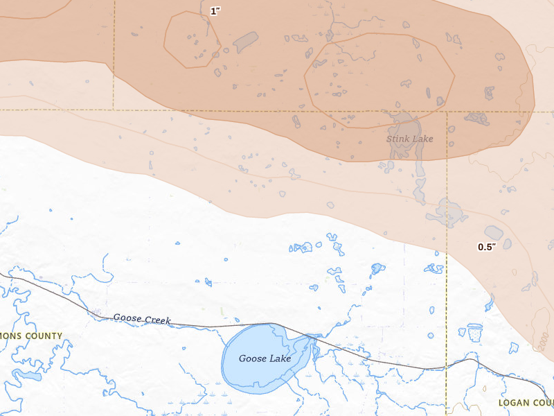 Radar-estimated hail-size map of the storm over Braddock, ND on Jul 24, 2026
