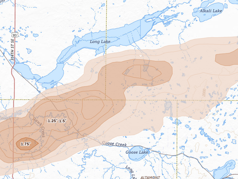 Radar-estimated hail-size map of the storm over Braddock, ND on Aug 11, 2026