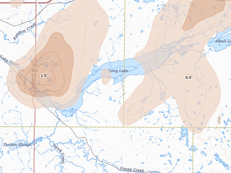 Radar-estimated hail-size map of the storm over Braddock, ND