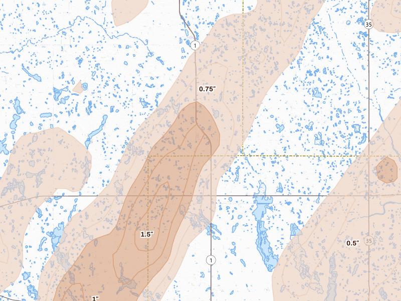 Radar-estimated hail-size map of the storm over Brocket, ND on Jun 2, 2026