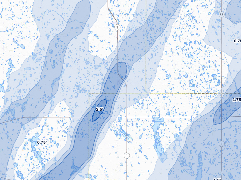 NEXRAD radar-signature map of the hail over Brocket, ND