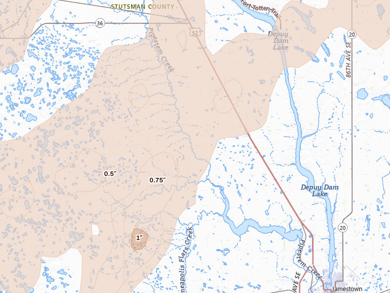 Radar-estimated hail-size map of the storm over Buchanan, ND on Jun 2, 2026