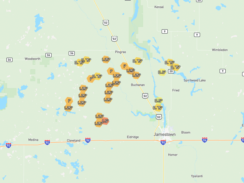 Hail map of Buchanan, ND on Jun 3, 2026, hail up to 1.5"