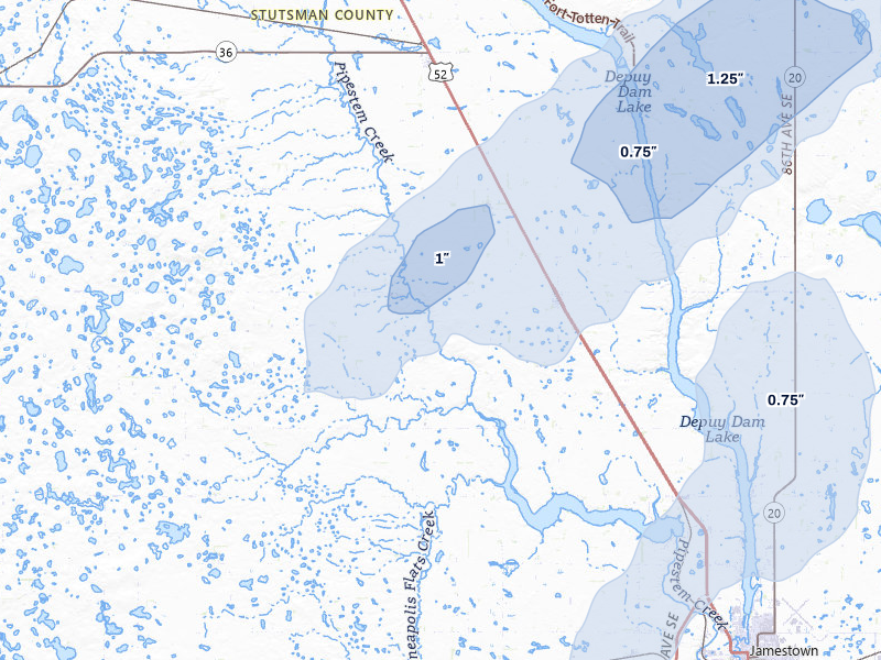 NEXRAD radar-signature map of the hail storm over Buchanan, ND on Jun 29, 2026