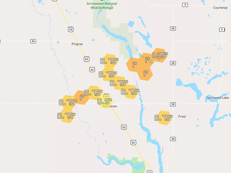 Hail map of Buchanan, ND on Jun 30, 2026, hail up to 1.25"