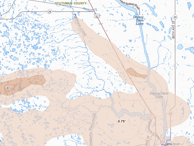 Radar-estimated hail-size map of the storm over Buchanan, ND on Aug 11, 2026