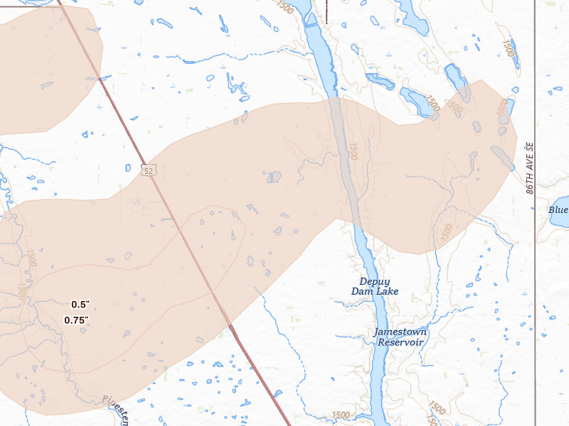 Radar-estimated hail-size map of the storm over Buchanan, ND
