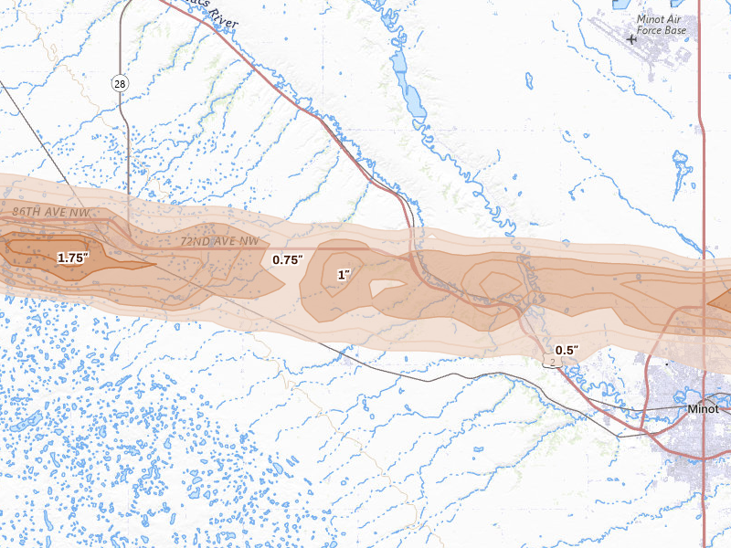 Radar-estimated hail-size map of the storm over Burlington, ND