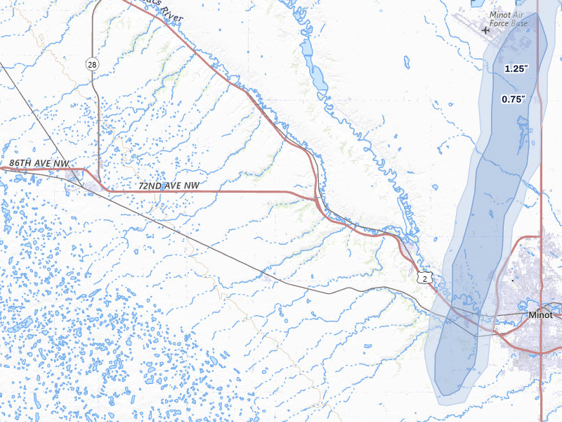 NEXRAD radar-signature map of the hail storm over Burlington, ND on Jun 28, 2026