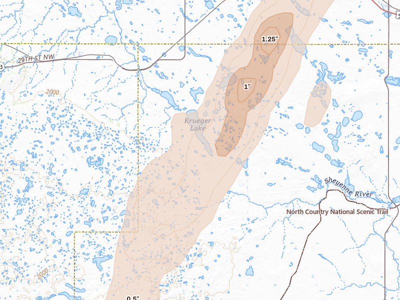 Radar-estimated hail-size map of the storm over Butte, ND on Jun 2, 2026