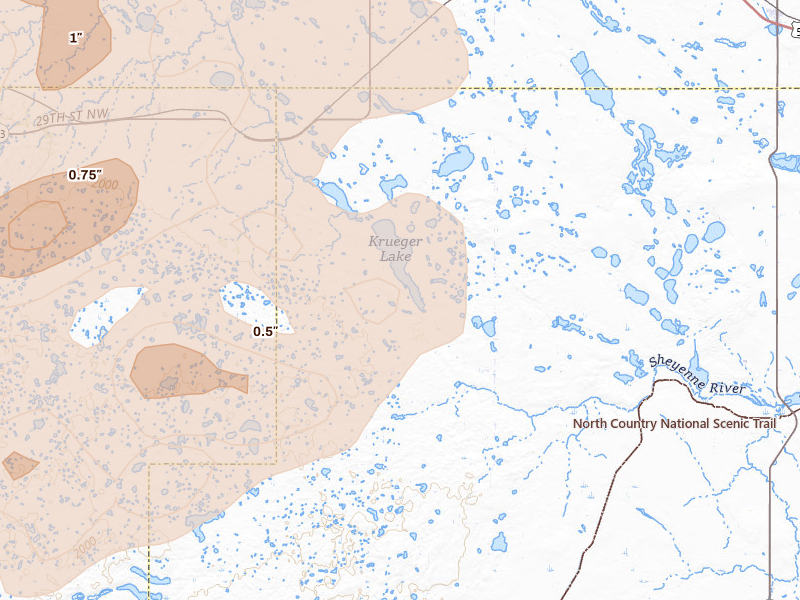 Radar-estimated hail-size map of the storm over Butte, ND on Jun 28, 2026