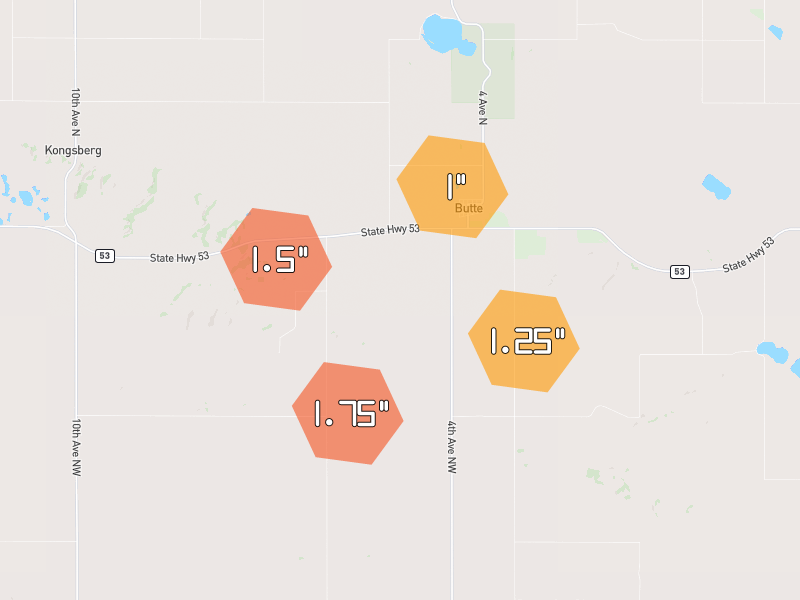 Hail map of Butte, ND on Jun 29, 2026, hail up to 1.75"