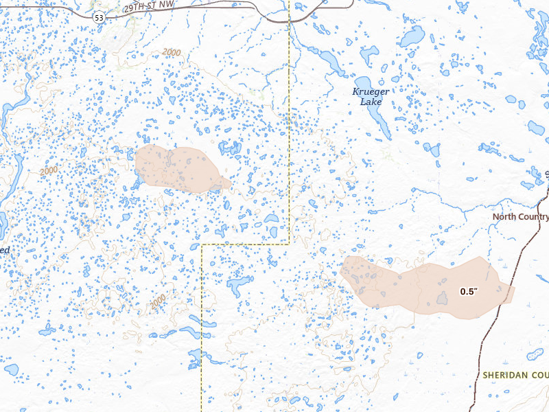 Radar-estimated hail-size map of the storm over Butte, ND on Aug 23, 2026