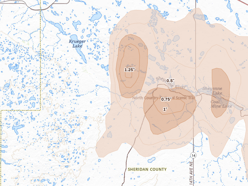 Radar-estimated hail-size map of the storm over Butte, ND on Sep 3, 2026