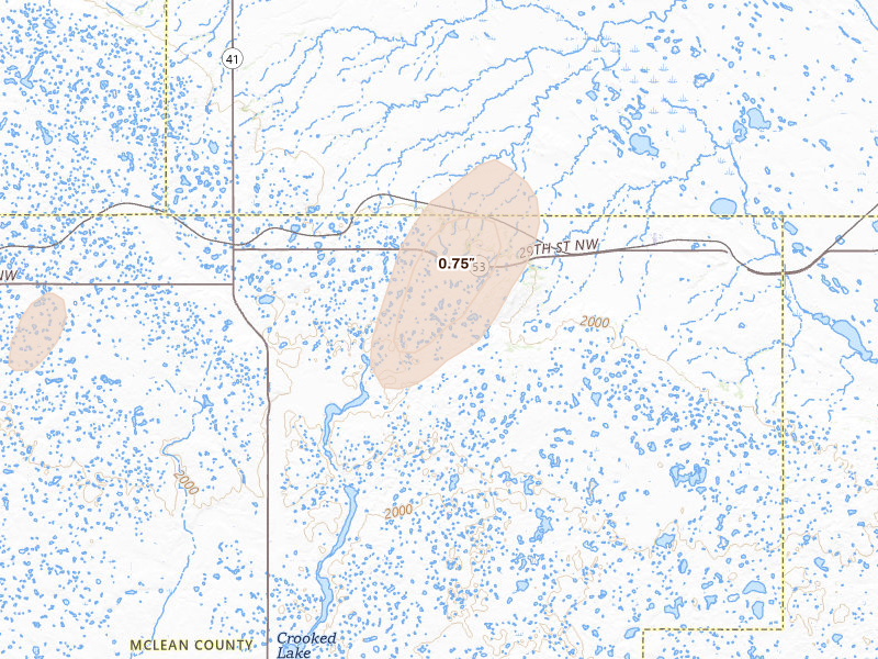 Radar-estimated hail-size map of the storm over Butte, ND on Sep 6, 2026